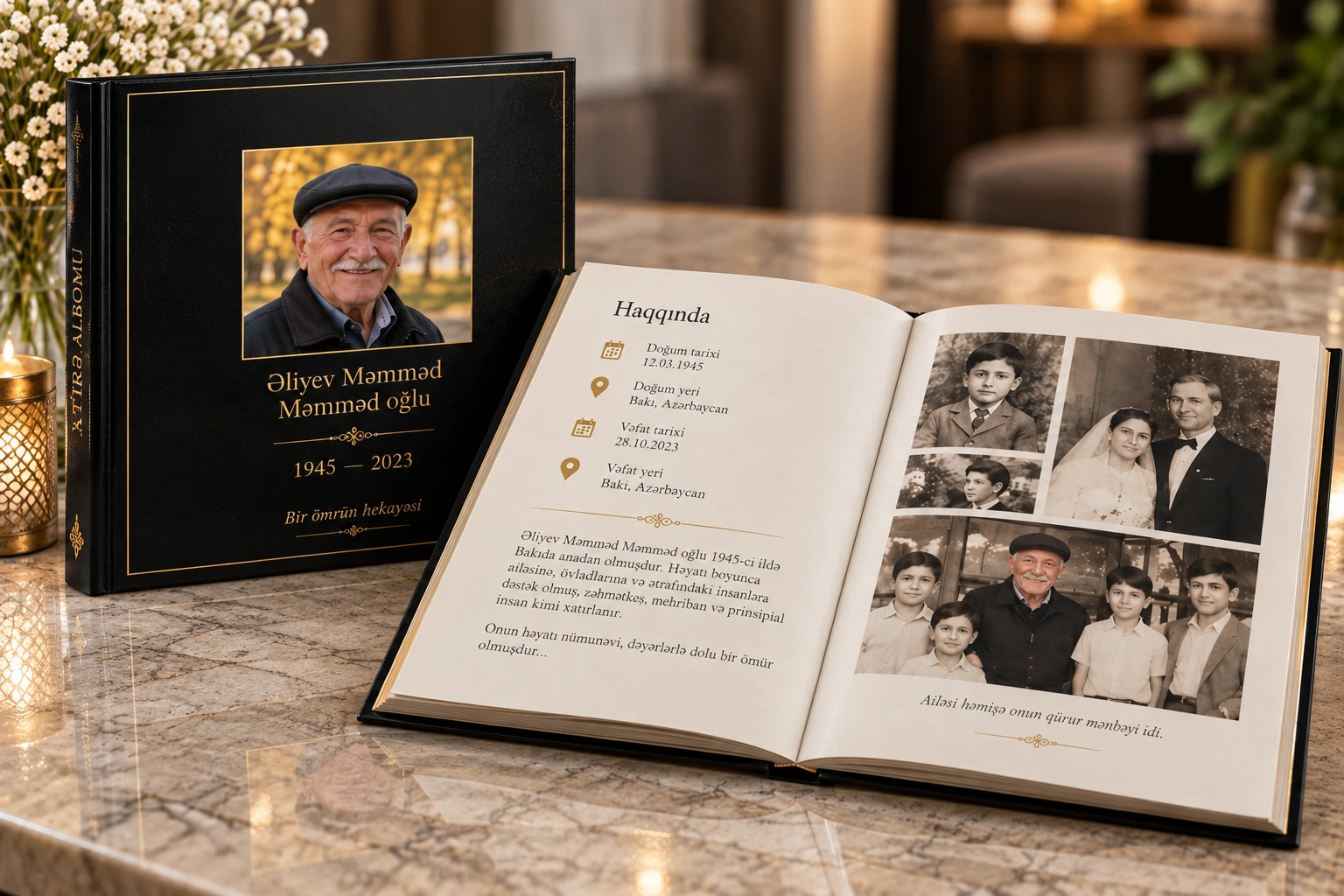 Qara cildli xatirə kitabı və açıq memorial səhifələri